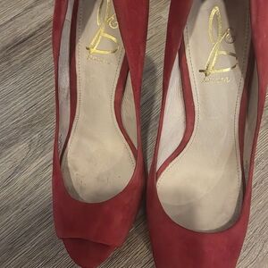 Joan & David Red Suede Peep-Toe Heels